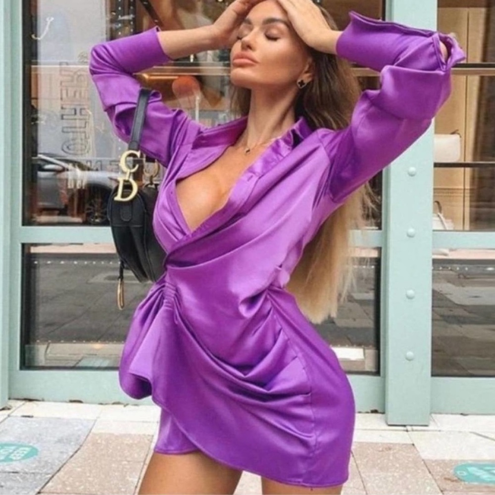 NWT Zara Purple Satin Effect Faux Wrap Mini Dress Small